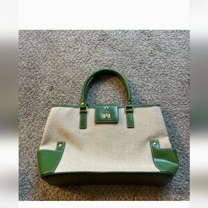 💚Etienne Aigner Satchel Cream Fabric And Green Leather Women's Handbag